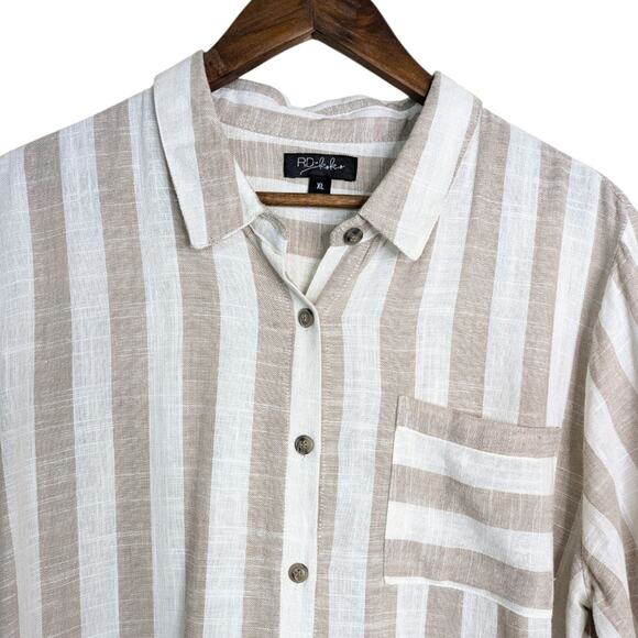 Anthropologie RD & Koko Linen Tunic Top XL Wide Stripe Button Down Pocket - Picture 2 of 11